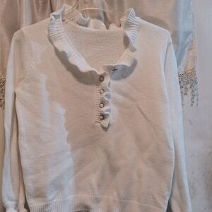 Women's White Ruffle Henley Sweater